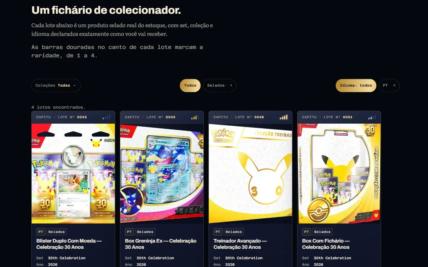 Seção do acervo da Capitu TCG com quatro lotes e filtros por categoria e idioma