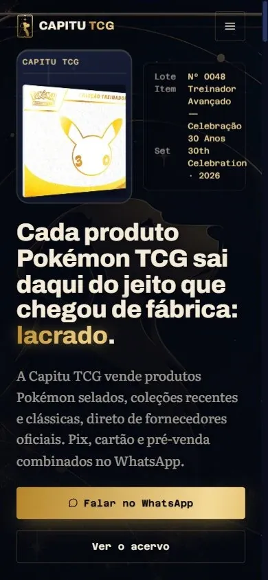 Página inicial da Capitu TCG no celular