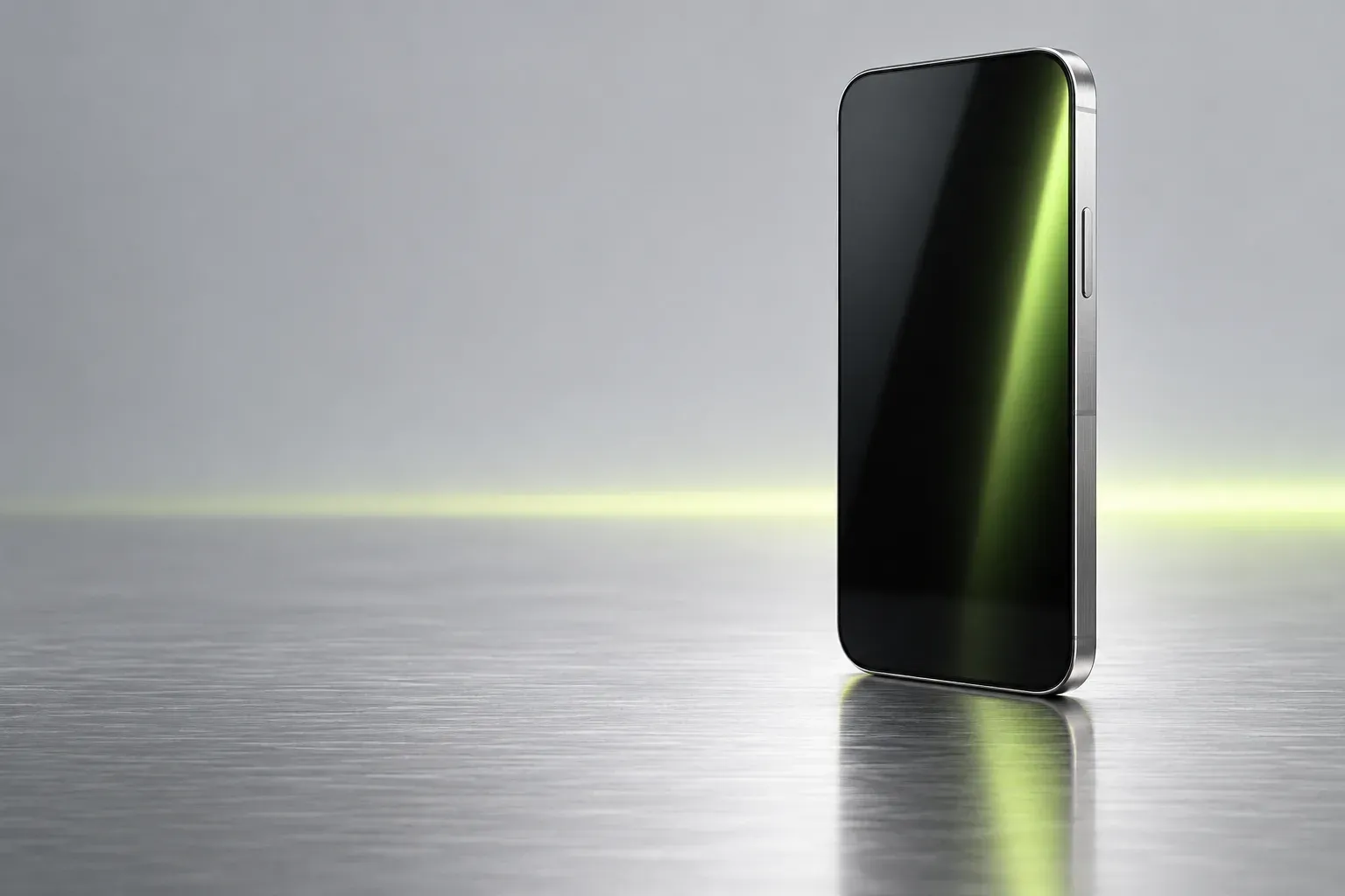 Celular de alumínio com reflexo de luz lima na tela