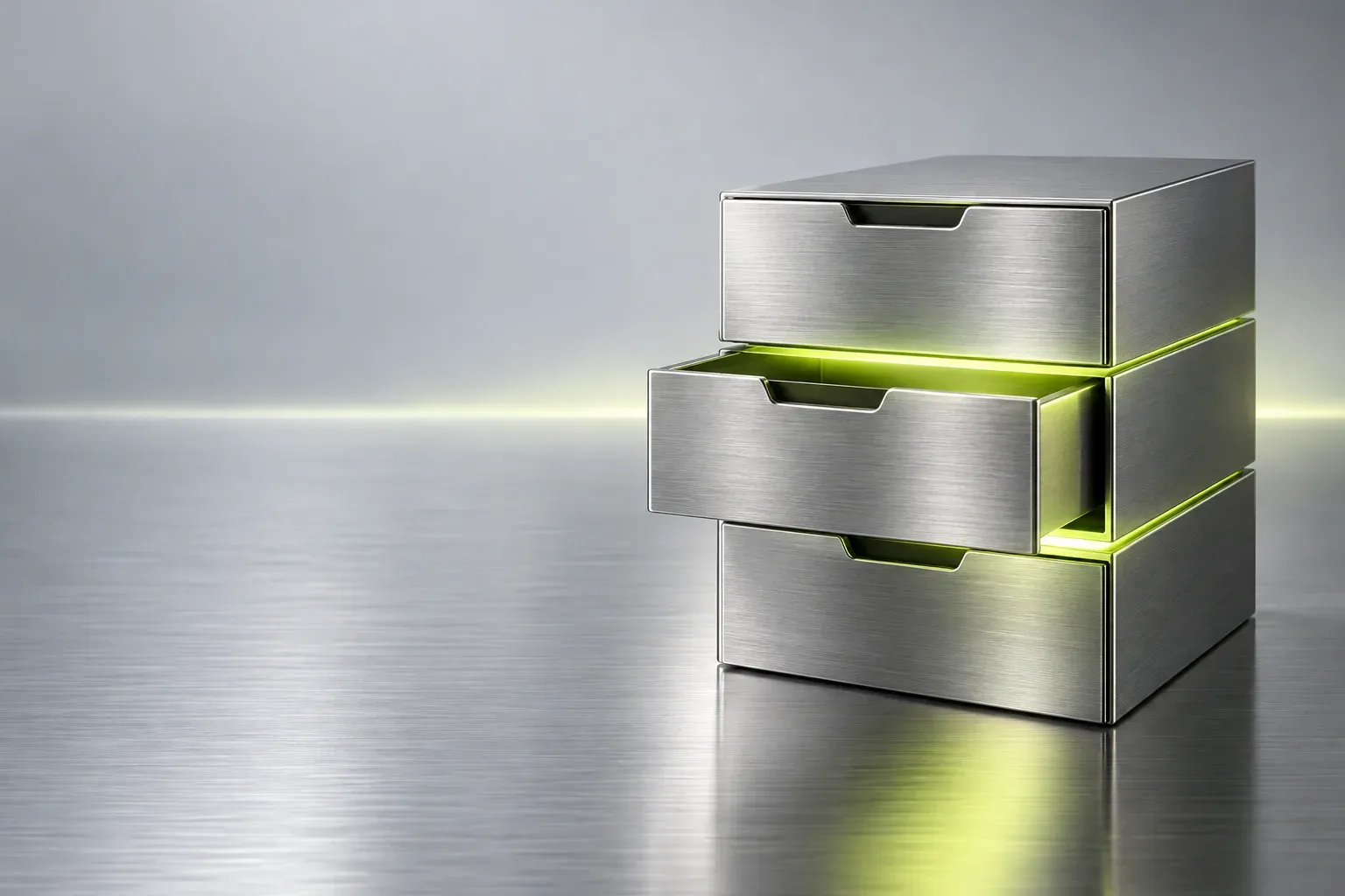 Gaveteiro de metal escovado com luz lima entre as gavetas