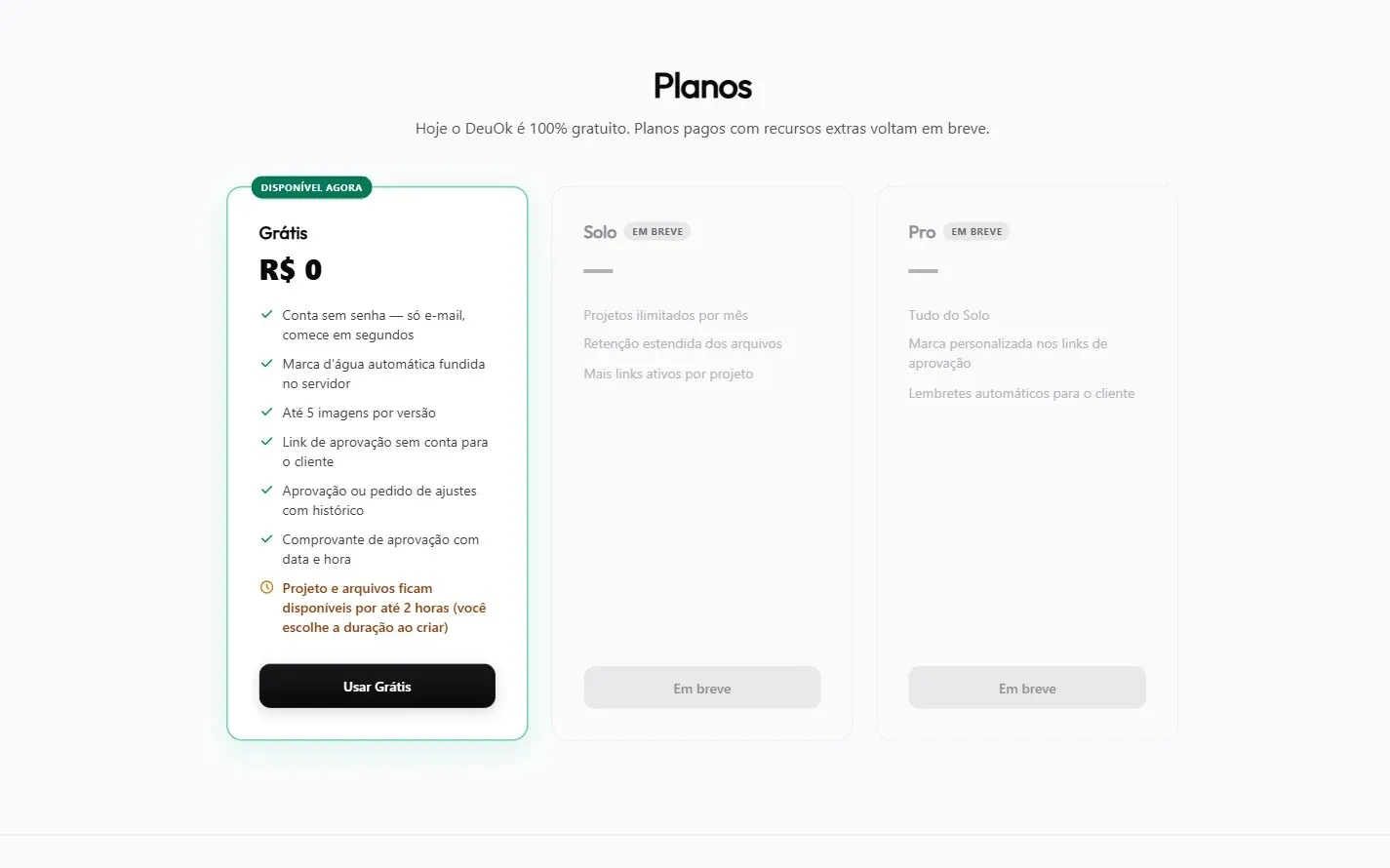 Seção de planos do DeuOk com o plano grátis ativo e os planos Solo e Pro em breve