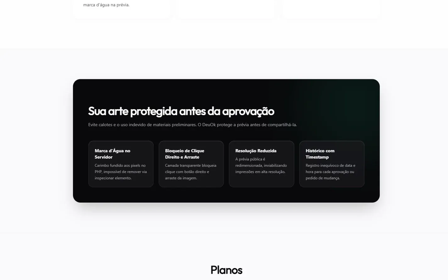 Seção do DeuOk explicando a proteção da arte antes da aprovação